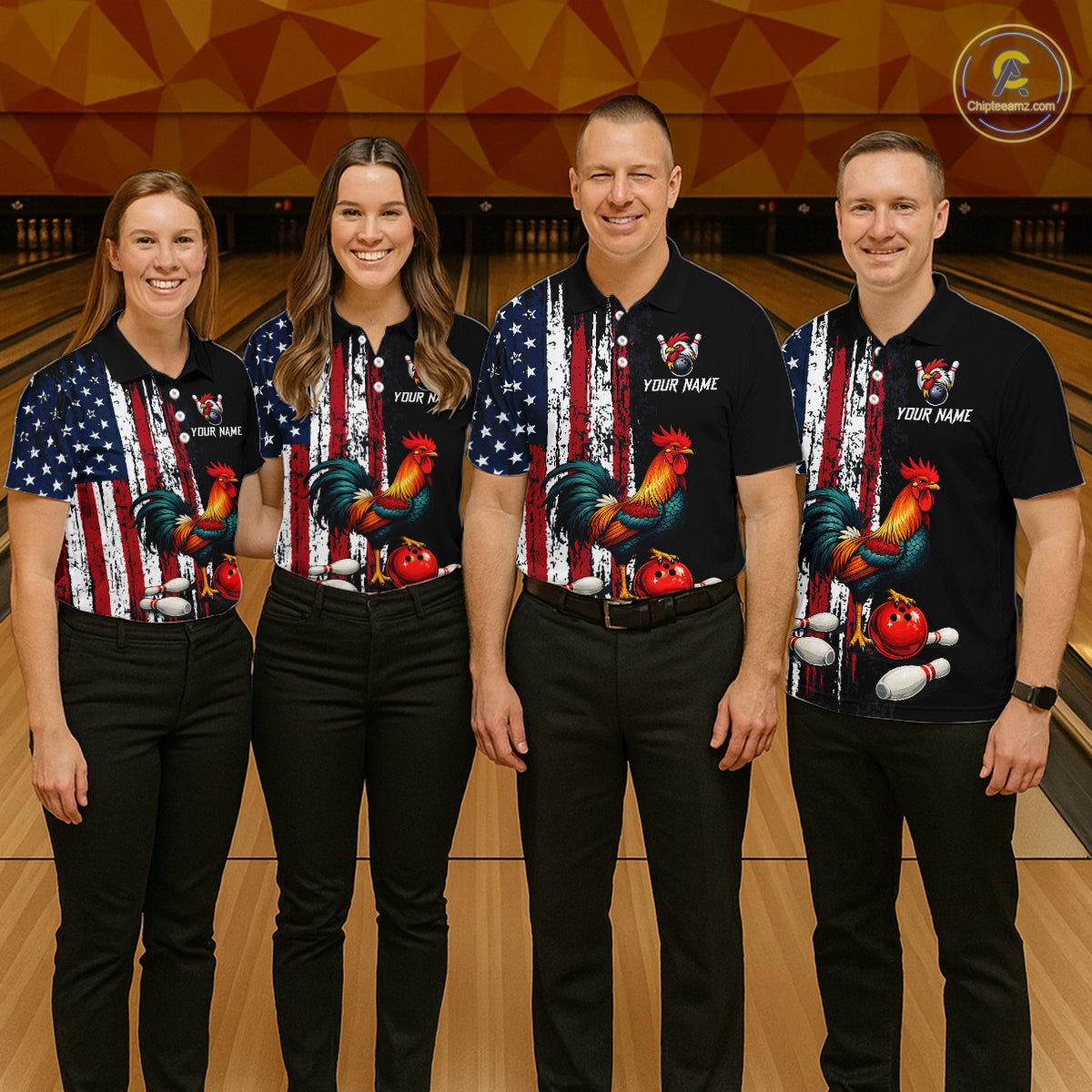 American Flag Rooster Bowling Jersey for Women Bowling Team Shirts Bowling Polo & 1/4 Zip HNT253