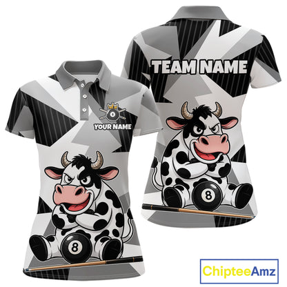 Two polo shirts with cow designs and customizable text on a white background