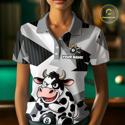 Person wearing a polo shirt with a cow and pool ball design, customizable text area.
