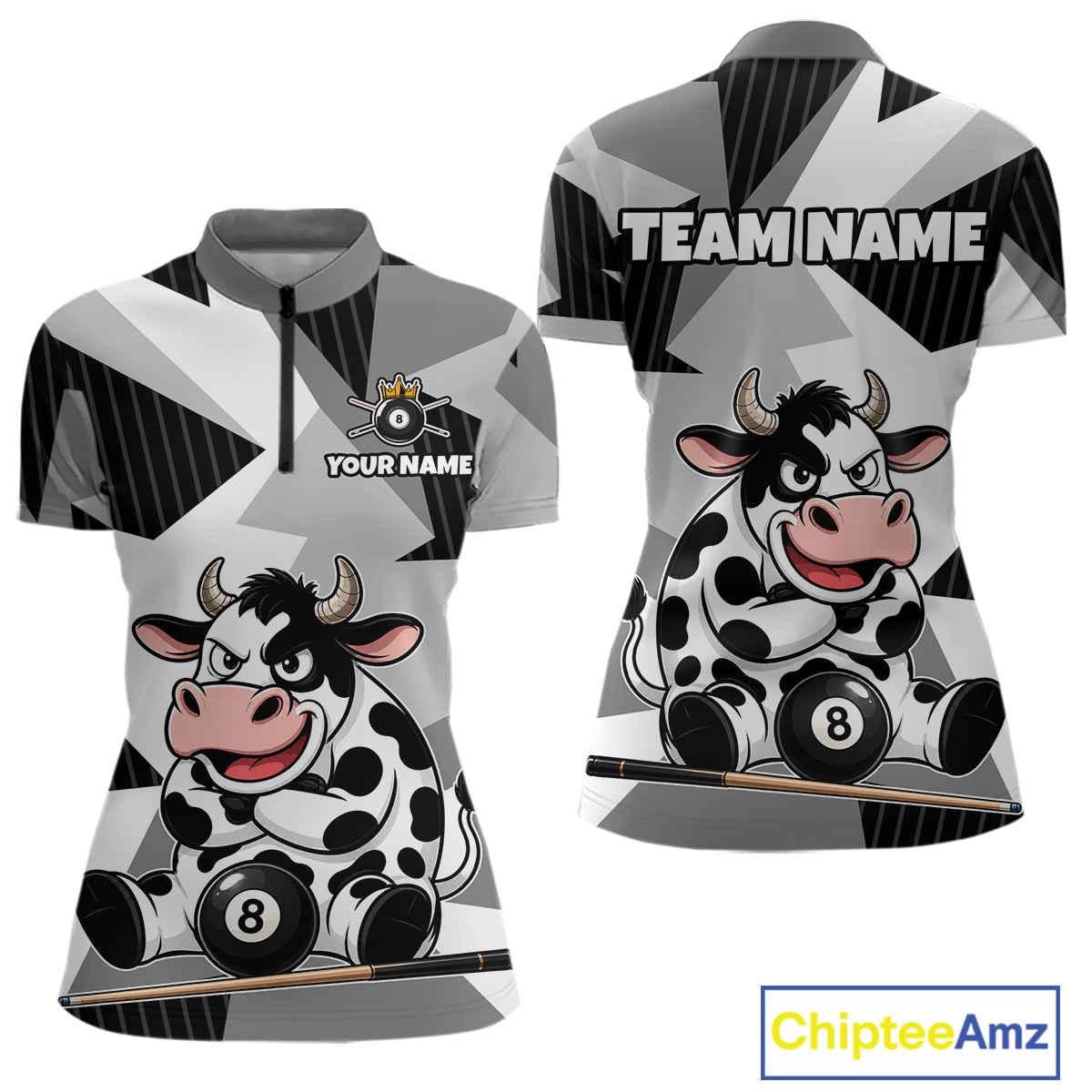 Two views of a sports jersey with a cow design and customizable text on a white background.