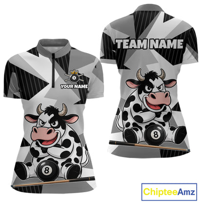 Two views of a sports jersey with a cow design and customizable text on a white background.