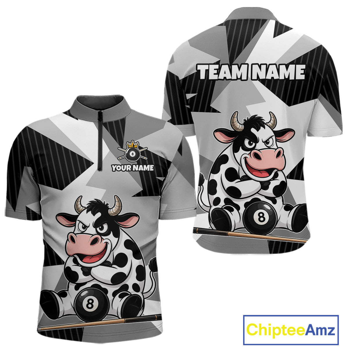 Gray and black sports jersey with cartoon cow design and customizable text on a white background