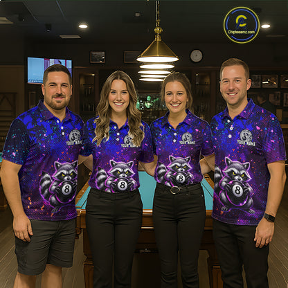 Personalized Funny Raccoon 8 Ball Pool Men Billiard Polo & 1/4 Zip, Billiard Shirt, Billiard Team Jerseys NNT145