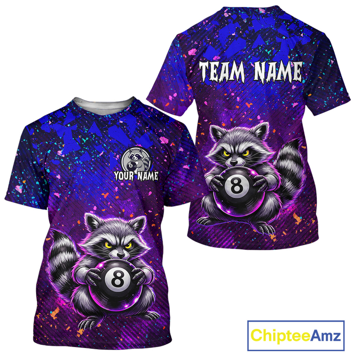Two t-shirts with raccoon design and customizable text on a white background