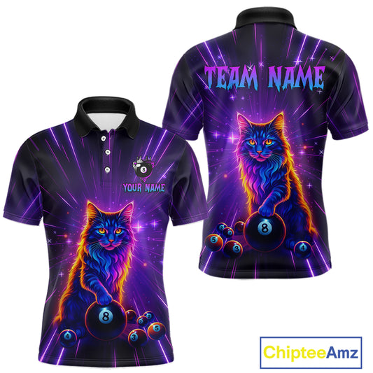 Personalized Funny Neon Cat 8 Ball Pool Men Billiard Polo & 1/4 Zip, Billiard Shirt, Billiard Team Jerseys NNT143
