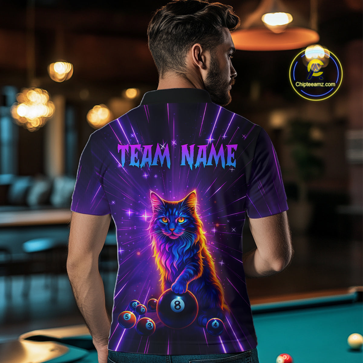 Personalized Funny Neon Cat 8 Ball Pool Men Billiard Polo & 1/4 Zip, Billiard Shirt, Billiard Team Jerseys NNT143