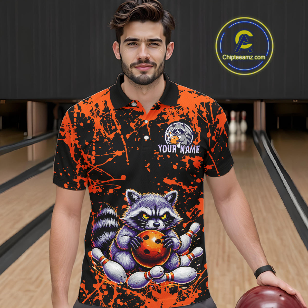 Custom Orange Raccoon Bowling Jersey for Men Bowling Uniform Polo & 1/4 Zip Bowling Team Shirts HNT224