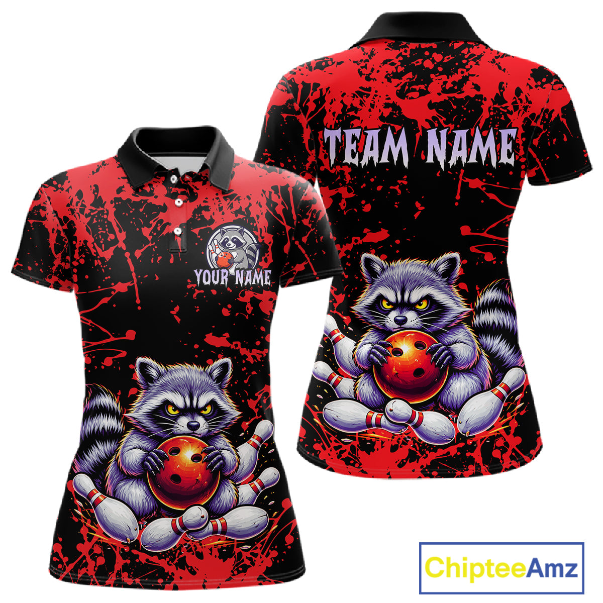 Custom Red Raccoon Bowling Jersey for Women Bowling Uniform Polo & 1/4 Zip Bowling Team Shirts HNT224