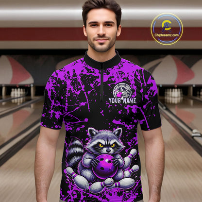 Custom Purple Raccoon Bowling Jersey for Men Bowling Uniform Polo & 1/4 Zip Bowling Team Shirts HNT224