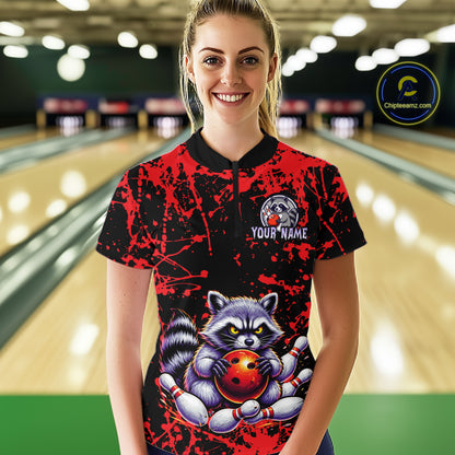 Custom Red Raccoon Bowling Jersey for Women Bowling Uniform Polo & 1/4 Zip Bowling Team Shirts HNT224