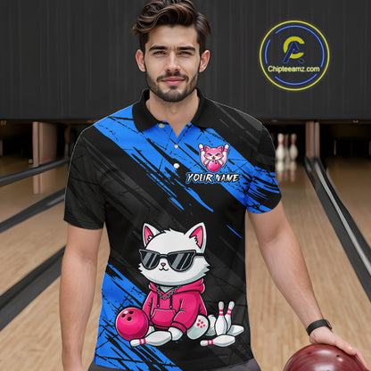 Custom Funny Blue Cat Bowling Jersey for Men Bowling Team Shirts Bowling Polo & 1/4 Zip HNT257