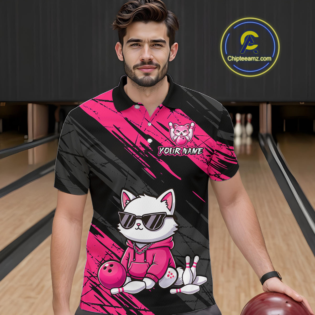 Custom Funny Pink Cat Bowling Jersey for Men Bowling Team Shirts Bowling Polo & 1/4 Zip HNT257