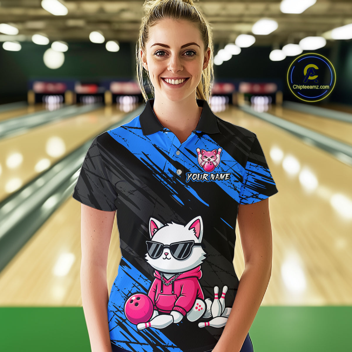 Custom Funny Blue Cat Bowling Jersey for Women Bowling Team Shirts Bowling Polo & 1/4 Zip HNT257