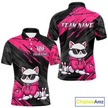 Custom Funny Pink Cat Bowling Jersey for Men Bowling Team Shirts Bowling Polo & 1/4 Zip HNT257