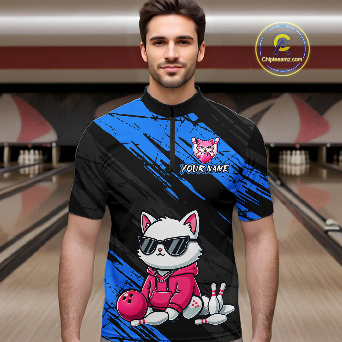 Custom Funny Blue Cat Bowling Jersey for Men Bowling Team Shirts Bowling Polo & 1/4 Zip HNT257