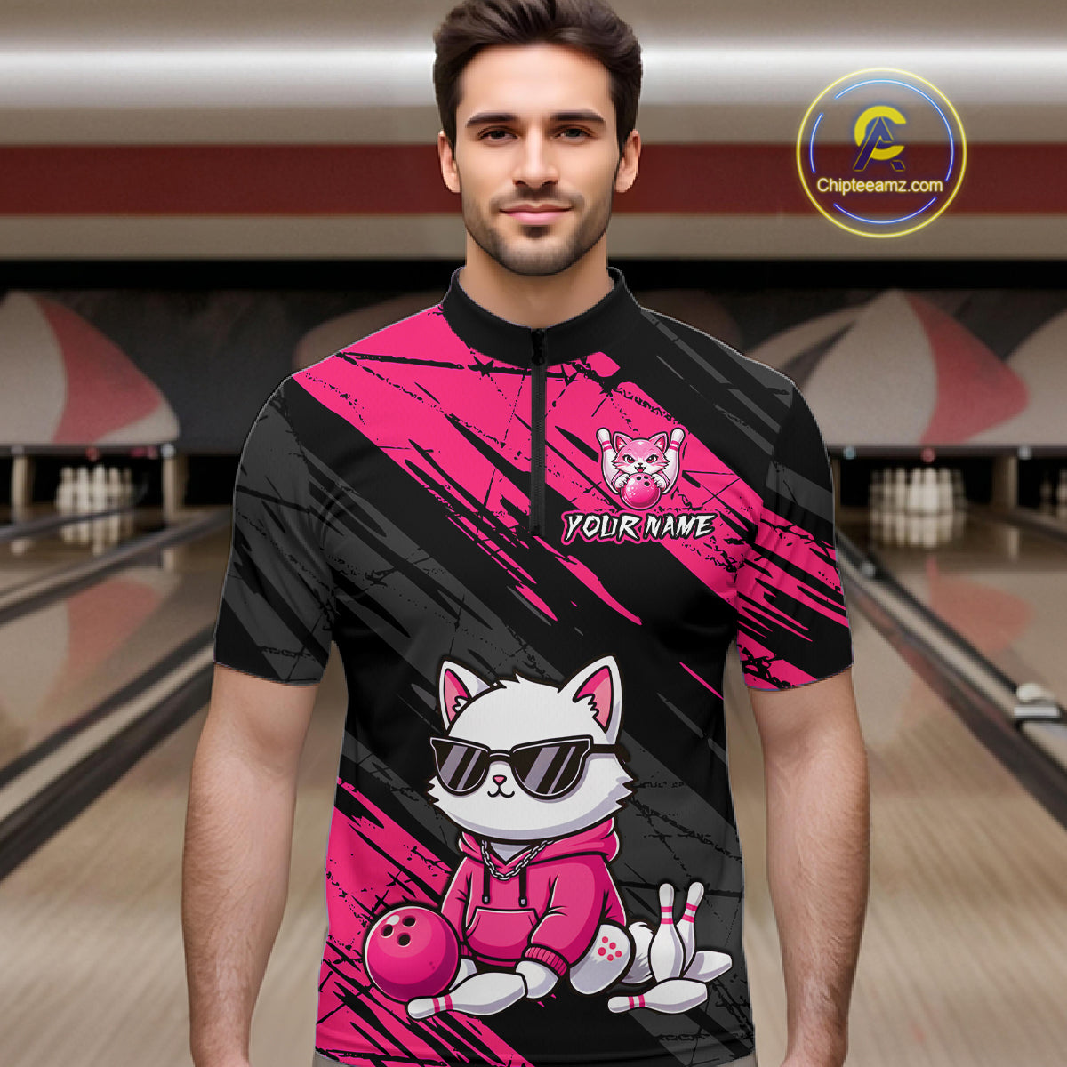 Custom Funny Pink Cat Bowling Jersey for Men Bowling Team Shirts Bowling Polo & 1/4 Zip HNT257
