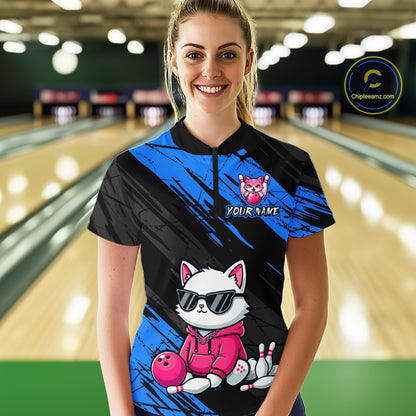 Custom Funny Blue Cat Bowling Jersey for Women Bowling Team Shirts Bowling Polo & 1/4 Zip HNT257