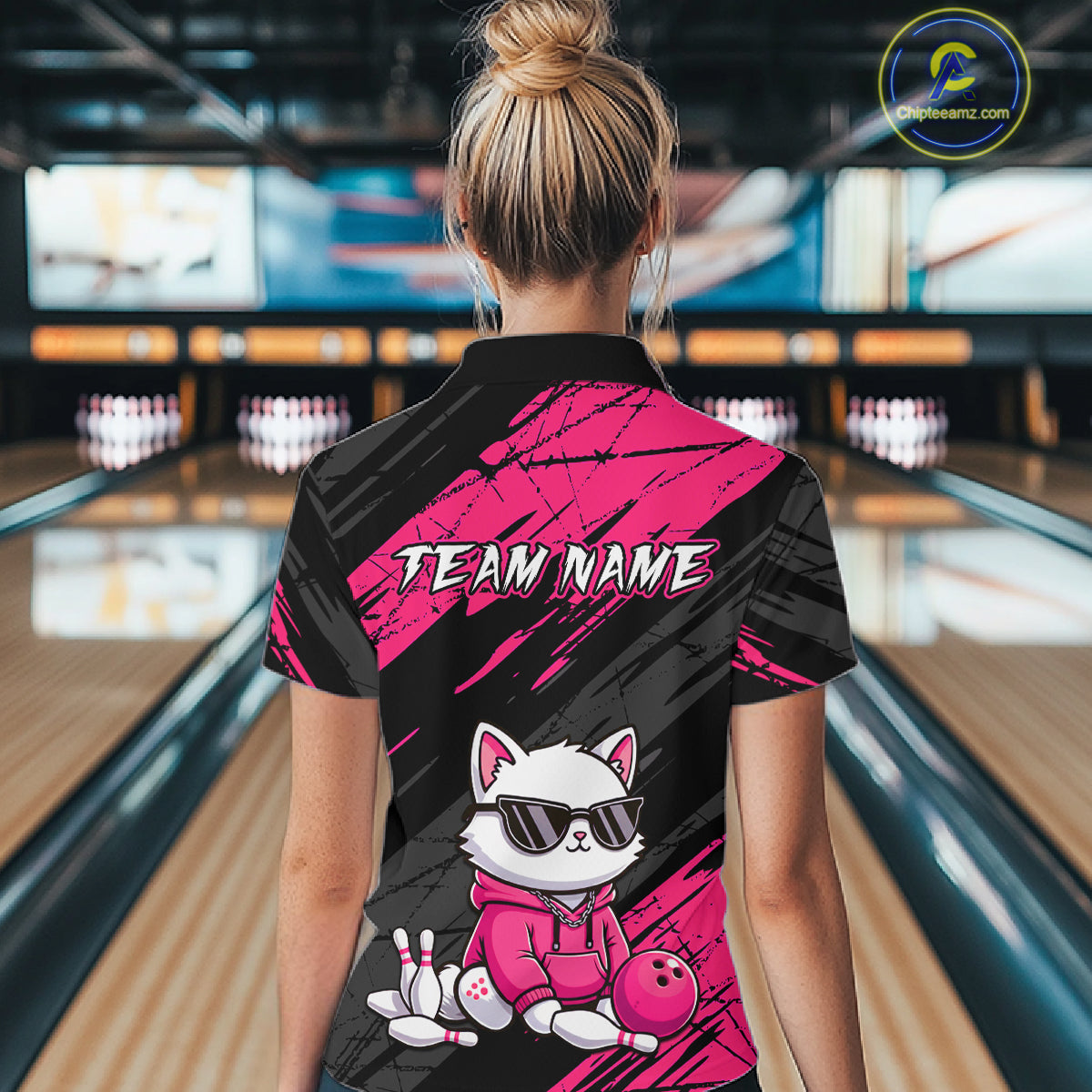 Custom Funny Pink Cat Bowling Jersey for Women Bowling Team Shirts Bowling Polo & 1/4 Zip HNT257