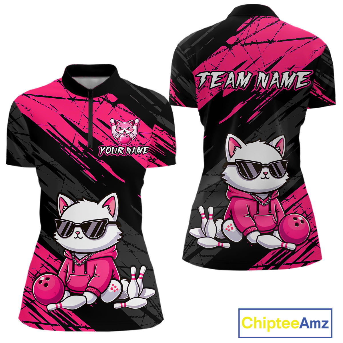 Custom Funny Pink Cat Bowling Jersey for Women Bowling Team Shirts Bowling Polo & 1/4 Zip HNT257