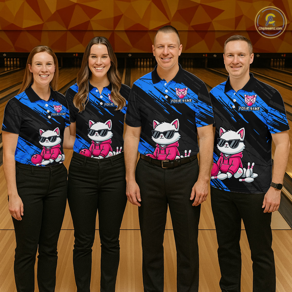 Custom Funny Blue Cat Bowling Jersey for Women Bowling Team Shirts Bowling Polo & 1/4 Zip HNT257