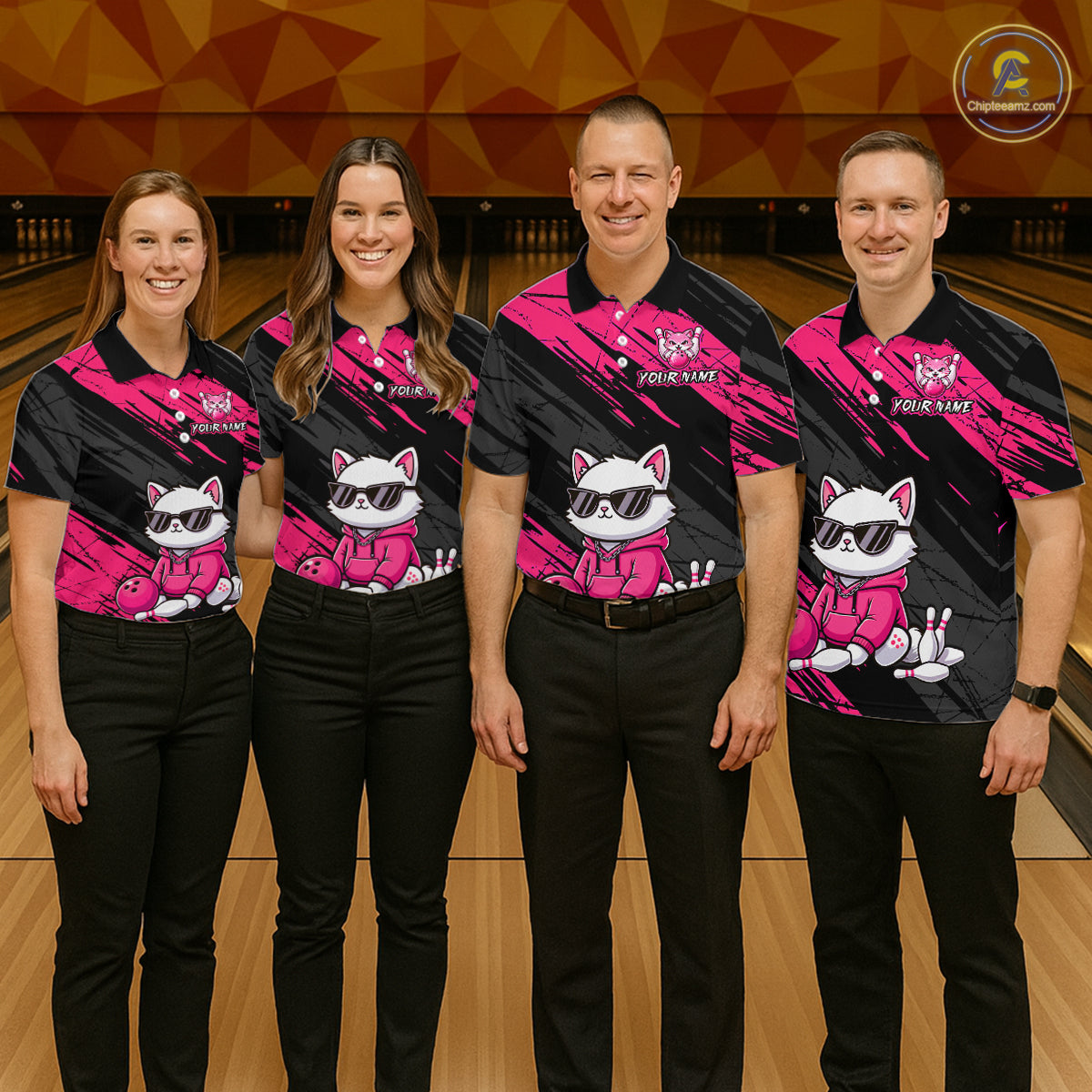 Custom Funny Pink Cat Bowling Jersey for Women Bowling Team Shirts Bowling Polo & 1/4 Zip HNT257