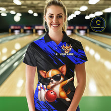 Load image into Gallery viewer, Person wearing a custom bowling shirt with a dog design in a bowling alley.