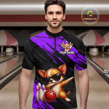 Load image into Gallery viewer, Man wearing a black and purple shirt with a dog graphic and customizable text in a bowling alley.