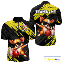 Load image into Gallery viewer, Two polo shirts with a dog bowling design and customizable text on a white background.