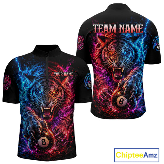 Black polo shirt with colorful tiger design and customizable text on a white background