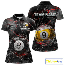 Load image into Gallery viewer, Women’s collared pool-themed polo dress in black and gray tones with cracked glass artwork, custom “TEAM NAME” and “YOUR NAME” text areas, and dramatic 8-ball and 9-ball illustrations.