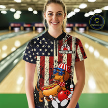 Load image into Gallery viewer, Person wearing a colorful bowling shirt with a dog design in a bowling alley.