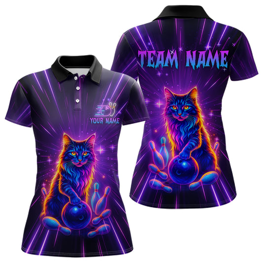Custom Neon Cat Bowling Jersey for Women Bowling Team Shirts Bowling League Polo & 1/4 Zip HNT153