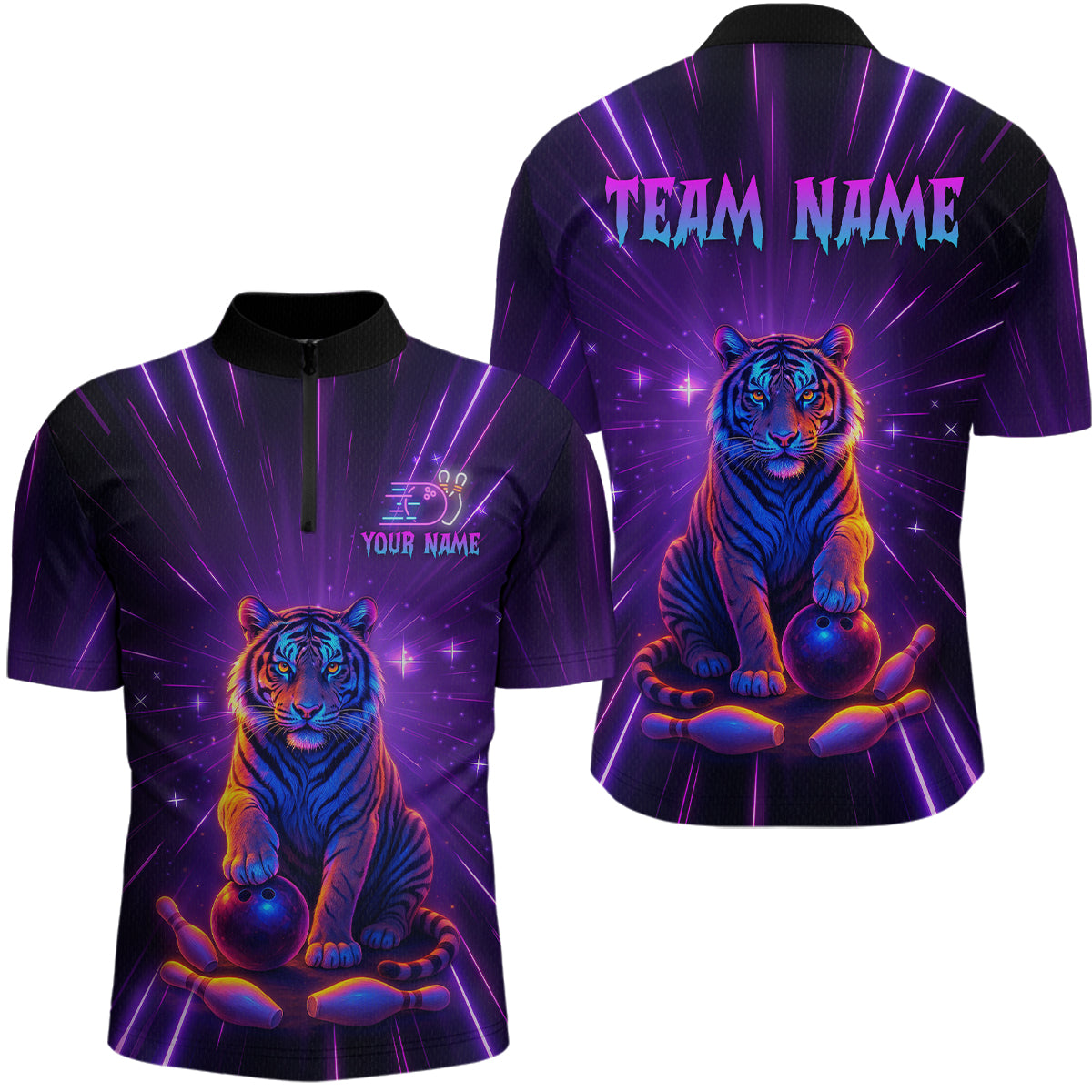 Custom Neon Tiger Bowling Jersey for Men Bowling Team Shirts Bowling League Polo & 1/4 Zip HNT154