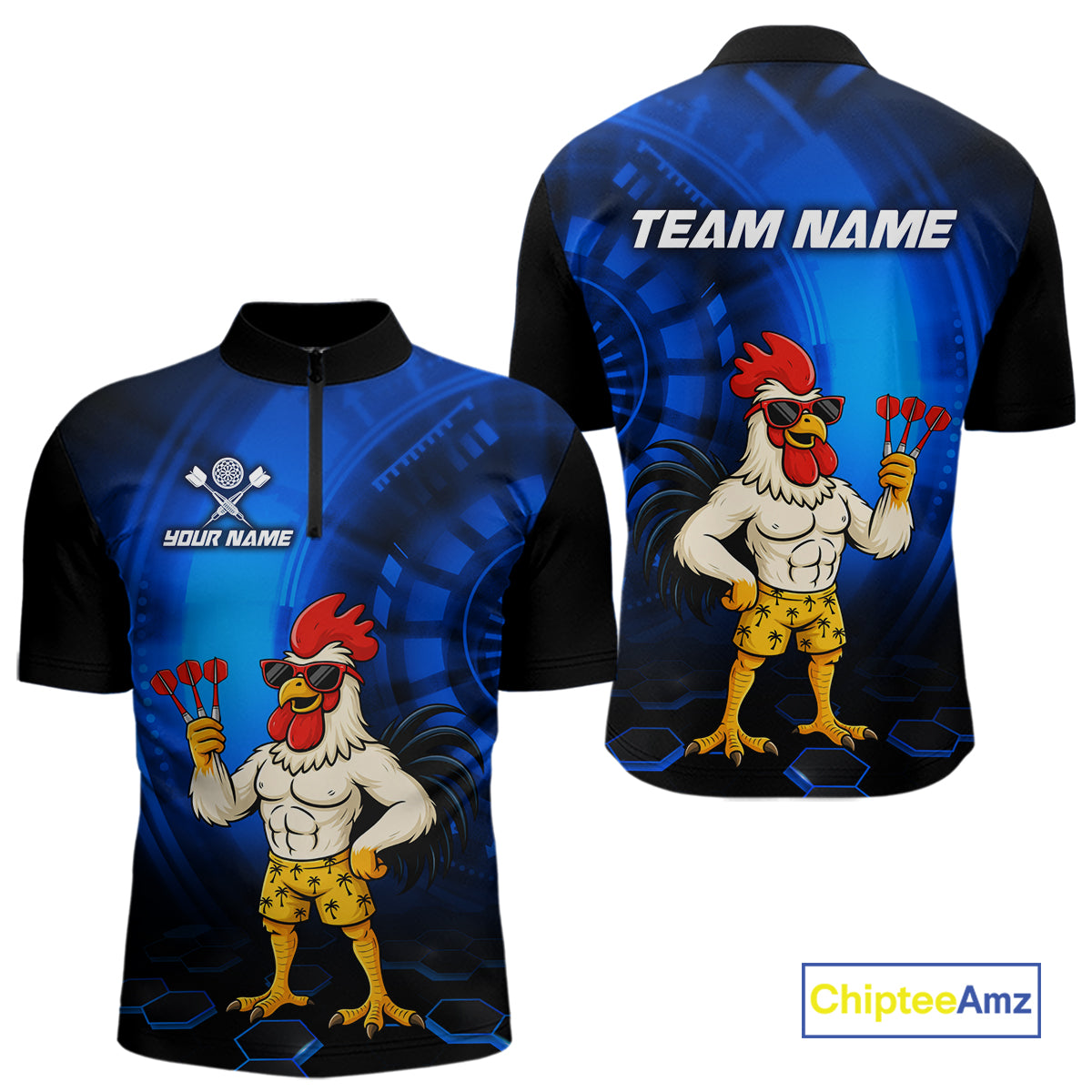 Custom Blue Funny Chicken Darts Shirt for Men Darts Team Jerseys Polo & 1/4 Zip Dart League NNT131