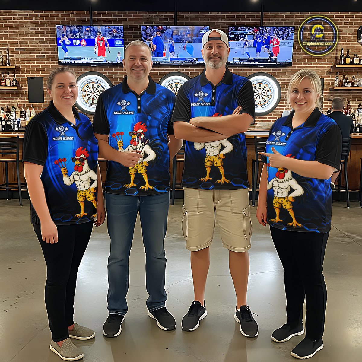 Custom Blue Funny Chicken Darts Shirt for Men Darts Team Jerseys Polo & 1/4 Zip Dart League NNT131