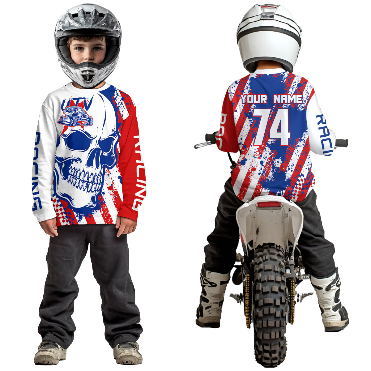 Custom Skull US Flag UTV Off-Road Shirts UTV Motocross Racing Shirt Kid Men Women UPF30+ DNT89
