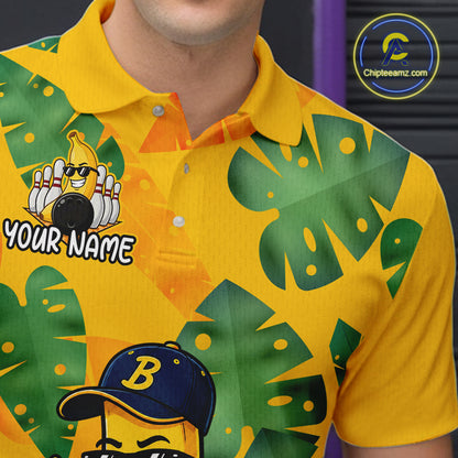 Tropical bowling team shirt in yellow and green tones with personalized chest text, cartoon bowling graphics, and large leaf patterns across the front.
