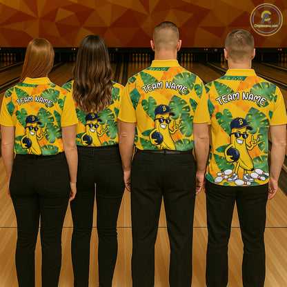 Four people wearing matching yellow bowling shirts with a banana character and 'Team Name' text on a bowling alley.