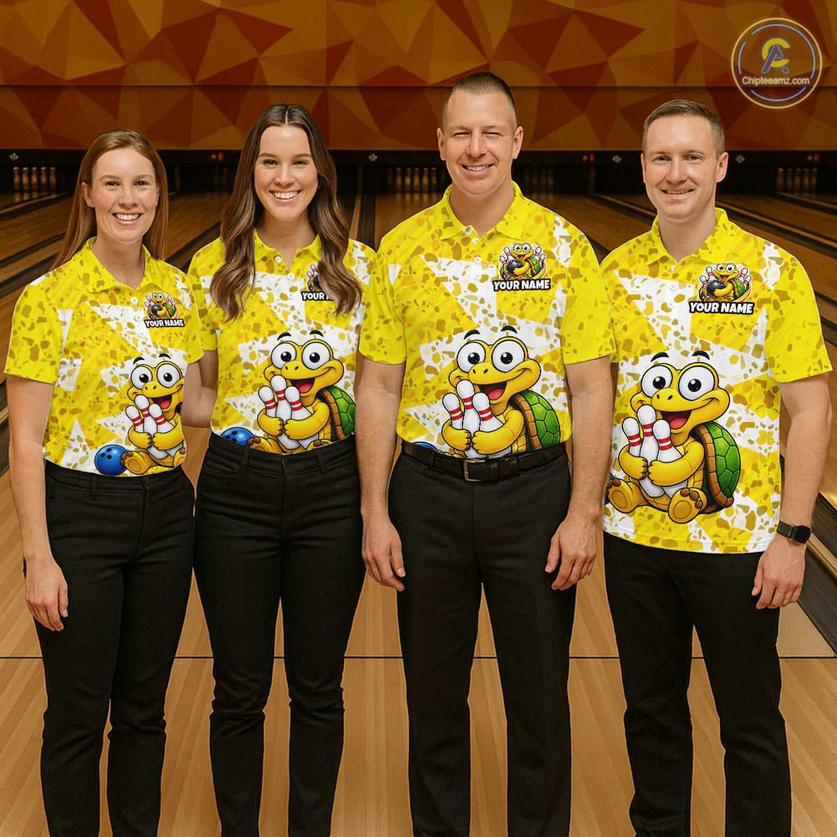 Four people wearing matching yellow bowling shirts with turtle characters on a bowling alley.