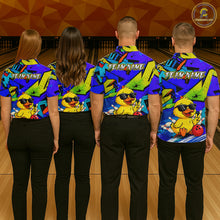 Load image into Gallery viewer, Four people wearing a vibrant blue bowling polo featuring a cartoon duck in sunglasses, bowling pins, a red bowling ball, and personalized name and team name text.