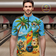 Load image into Gallery viewer, Man wearing a colorful bowling shirt with beach-themed design in a bowling alley.