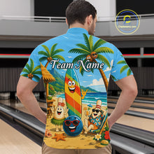 Load image into Gallery viewer, Man wearing a colorful shirt with a beach-themed design and 'Team Name' text.