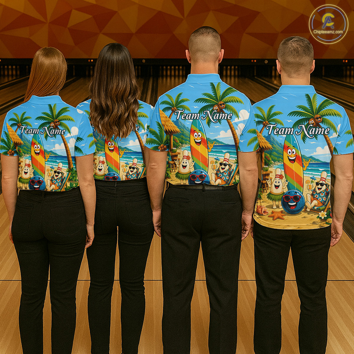 Four people wearing sky blue bowling polo with a tropical beach scene, smiling bowling ball and pins, colorful surfboard, palm trees, and personalized name 