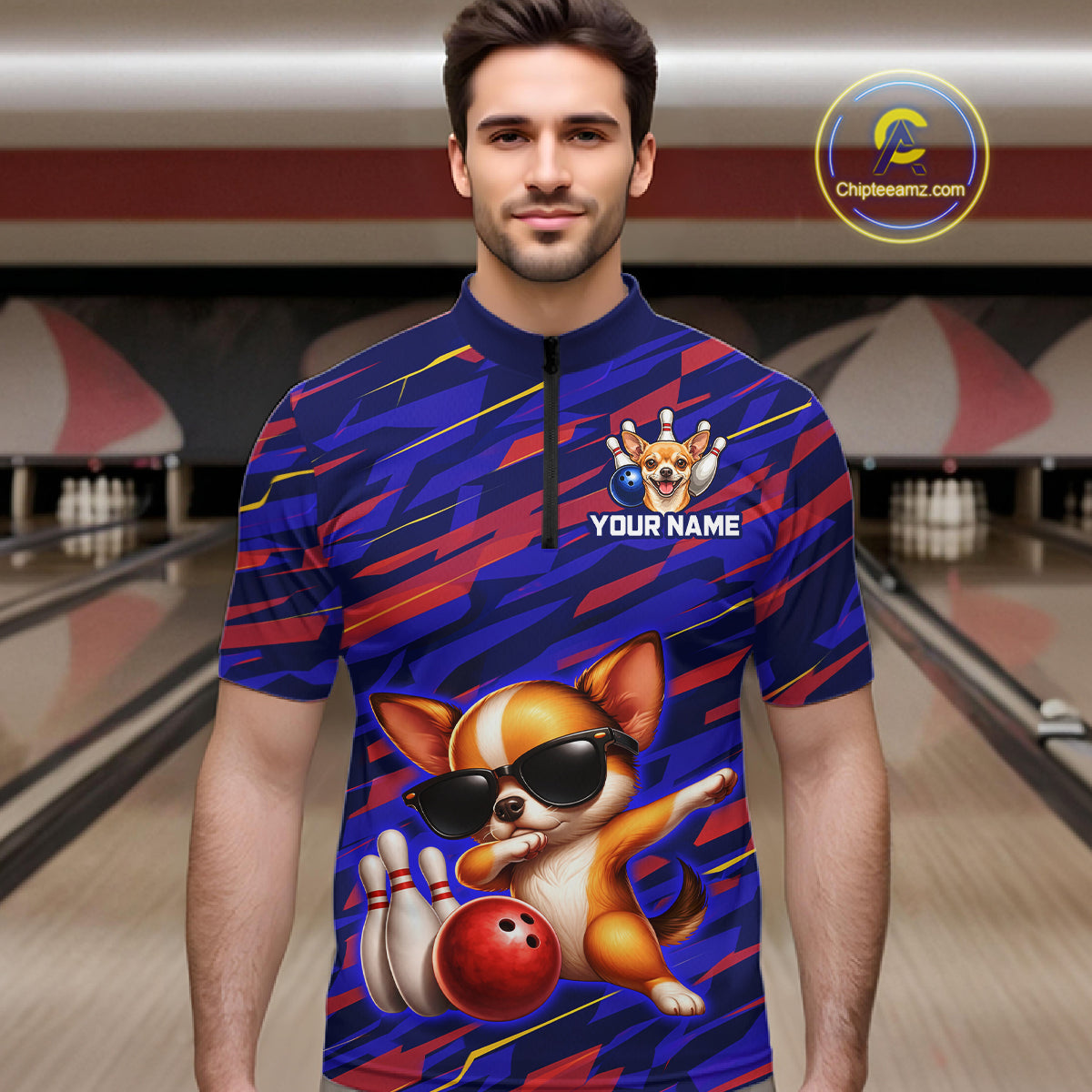 Custom Chihuahua Dog Bowling Jersey for Men Bowling Uniform Polo & 1/4 Zip Bowling Team Shirts HNT262