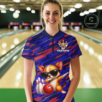 Custom Chihuahua Dog Bowling Jersey for Women Bowling Uniform Polo & 1/4 Zip Bowling Team Shirts HNT262
