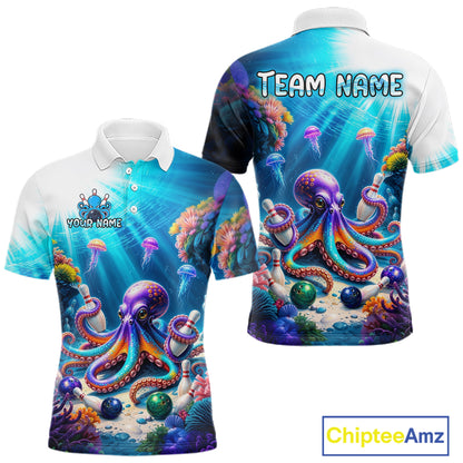 Front and back views of a white and ocean-blue bowling polo shirt featuring a vibrant underwater scene with a purple octopus, floating jellyfish, coral reefs, and scattered bowling pins.