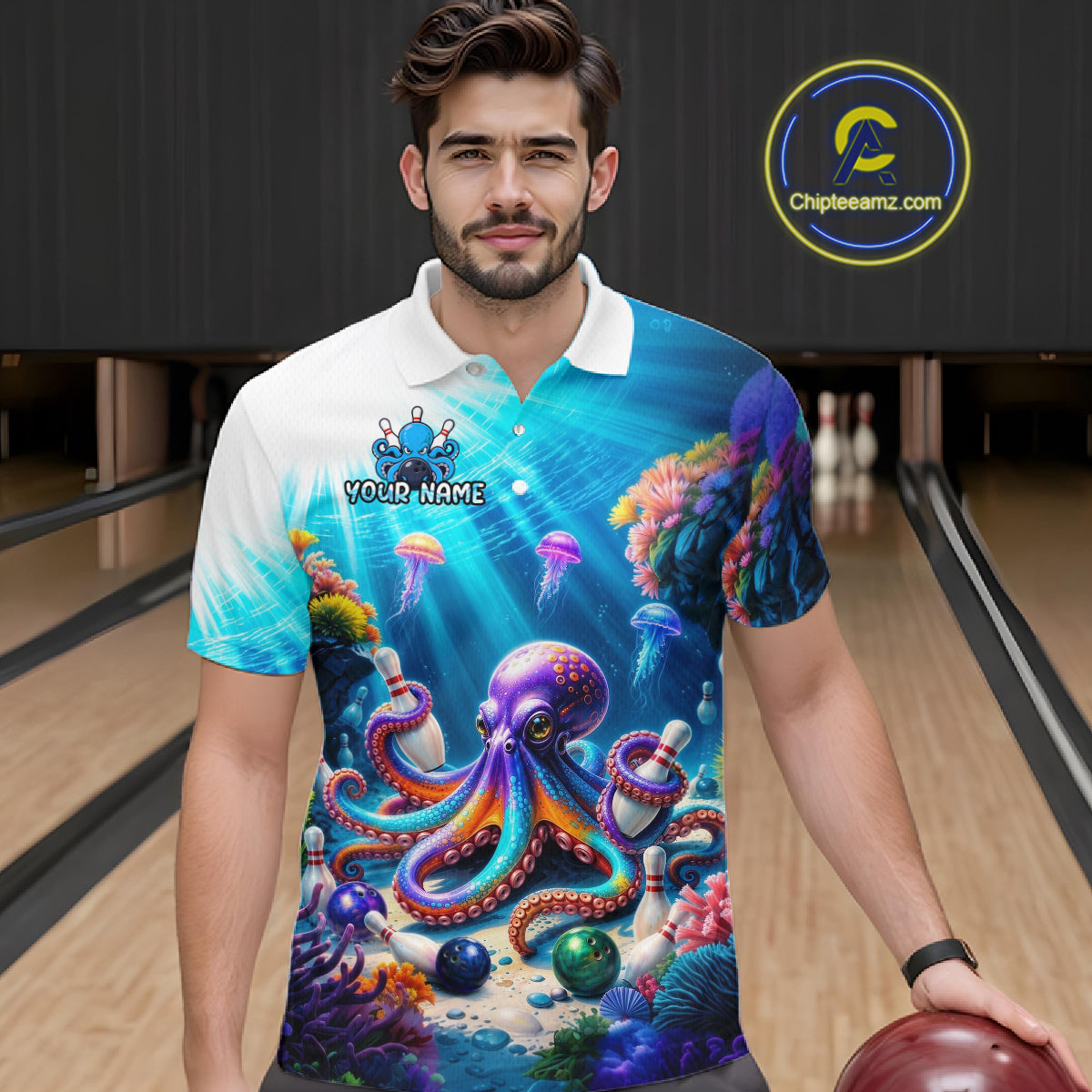 Man wearing a colorful shirt with an octopus design in a bowling alley.