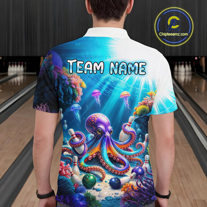 Man wearing a colorful shirt with an octopus design in a bowling alley.