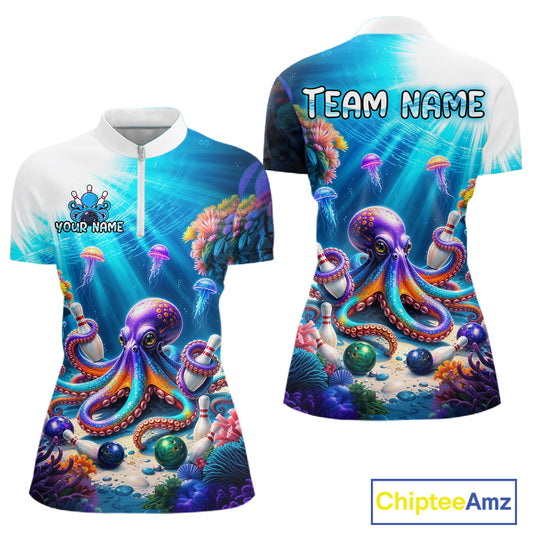 Front and back views of a white and ocean-blue bowling quarter zip shirt featuring a vibrant underwater scene with a purple octopus, floating jellyfish, coral reefs, and scattered bowling pins.