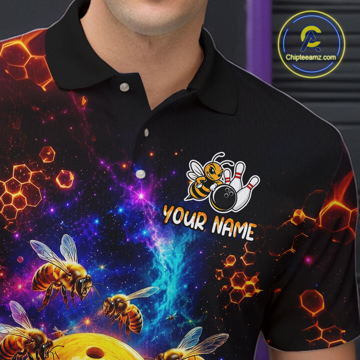 Black polo shirt with bee design and customizable text on a dark background